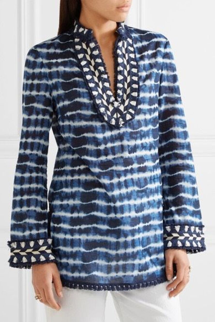 Tory Burch Tie Dye Embroidered Fringe Tunic Top Blue Size 4